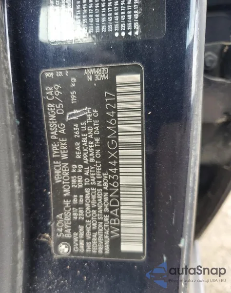 1999 BMW 540 I Automatic из США, поврежденный, VIN WBADN6344XGM64217